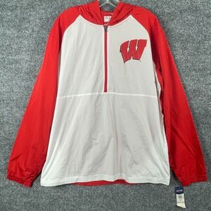 Wisconsin Badgers Jacket Mens Large White Red Windbreaker Hooded Lightweight New